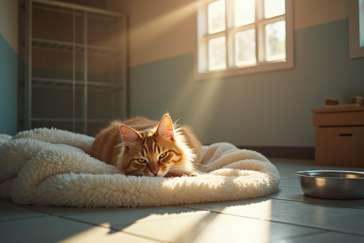 Chat calme reposant dans un enclos lumineux et propre
