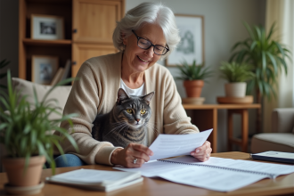 Chat gris tacheté assis sur les genoux d'une femme lisant des papiers