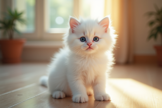Chaton blanc aux yeux bleus sur un sol en bois ensoleille