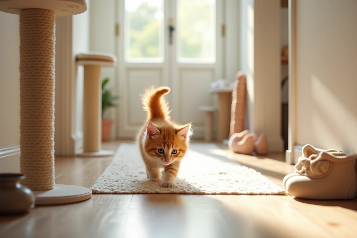 Chaton ginger explorant un couloir lumineux de l