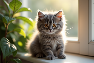 Chaton gris aux yeux ambrés sur une fenêtre lumineuse