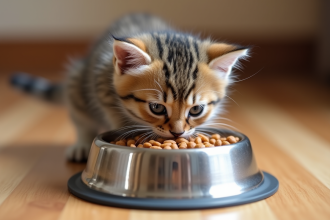 Chaton curieux mangeant dans un bol en acier inoxydable
