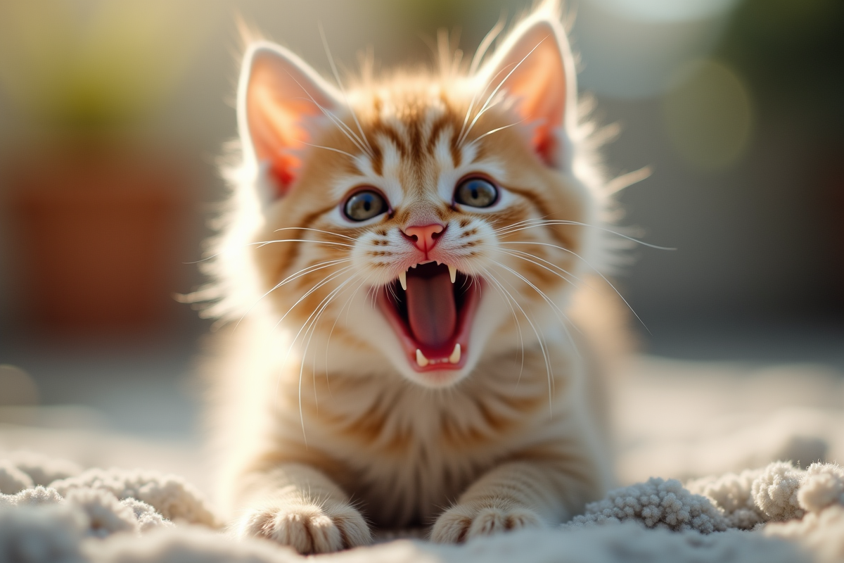 Portrait d'un chaton poilu avec bouche ouverte