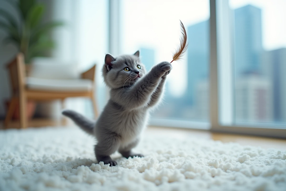 Chaton Scottish Fold bleu-gris jouant avec un jouet à plumes dans un appartement moderne et lumineux
