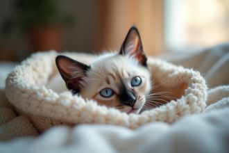Chaton siamois au regard bleu dans une couverture
