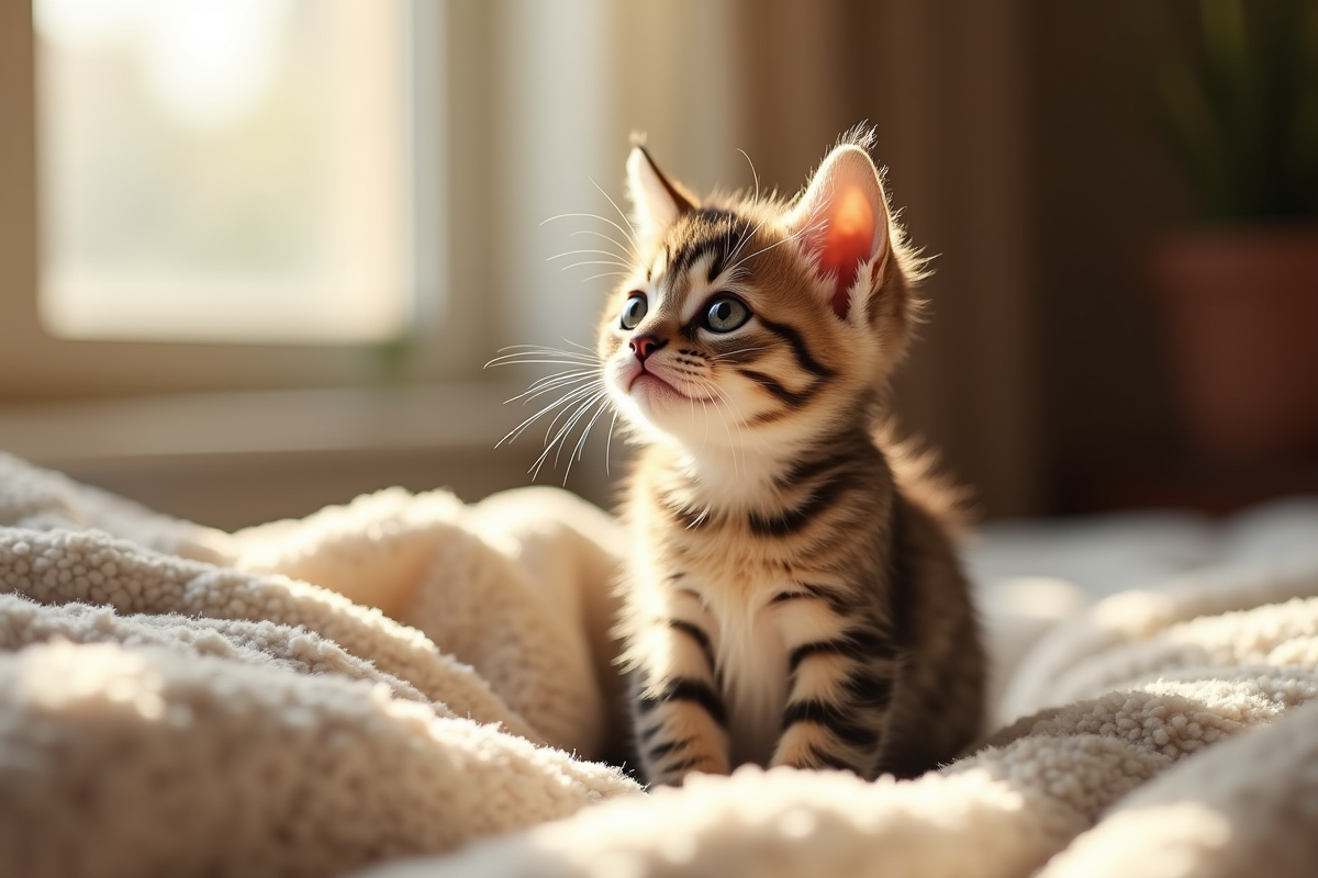 Petit chaton tabby assis sur une couverture chaleureuse