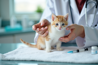 Chaton jouant chez le vétérinaire avec un soigneur