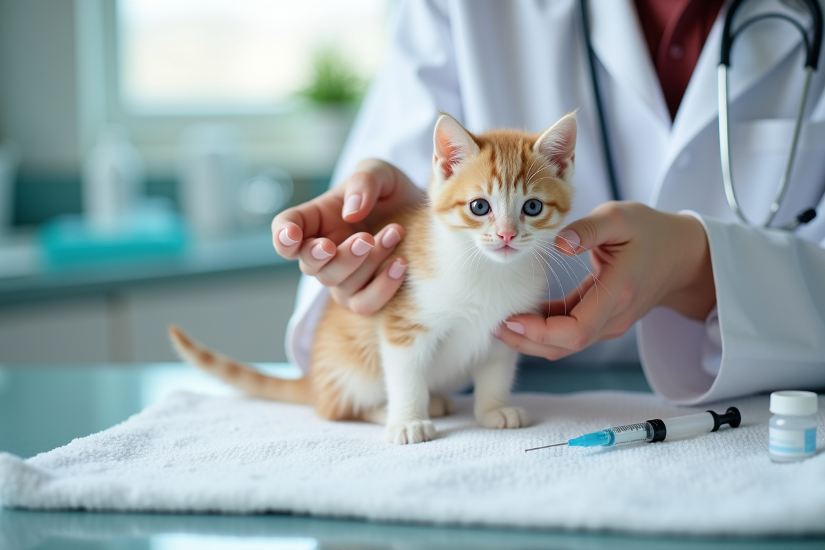 Chaton jouant chez le vétérinaire avec un soigneur