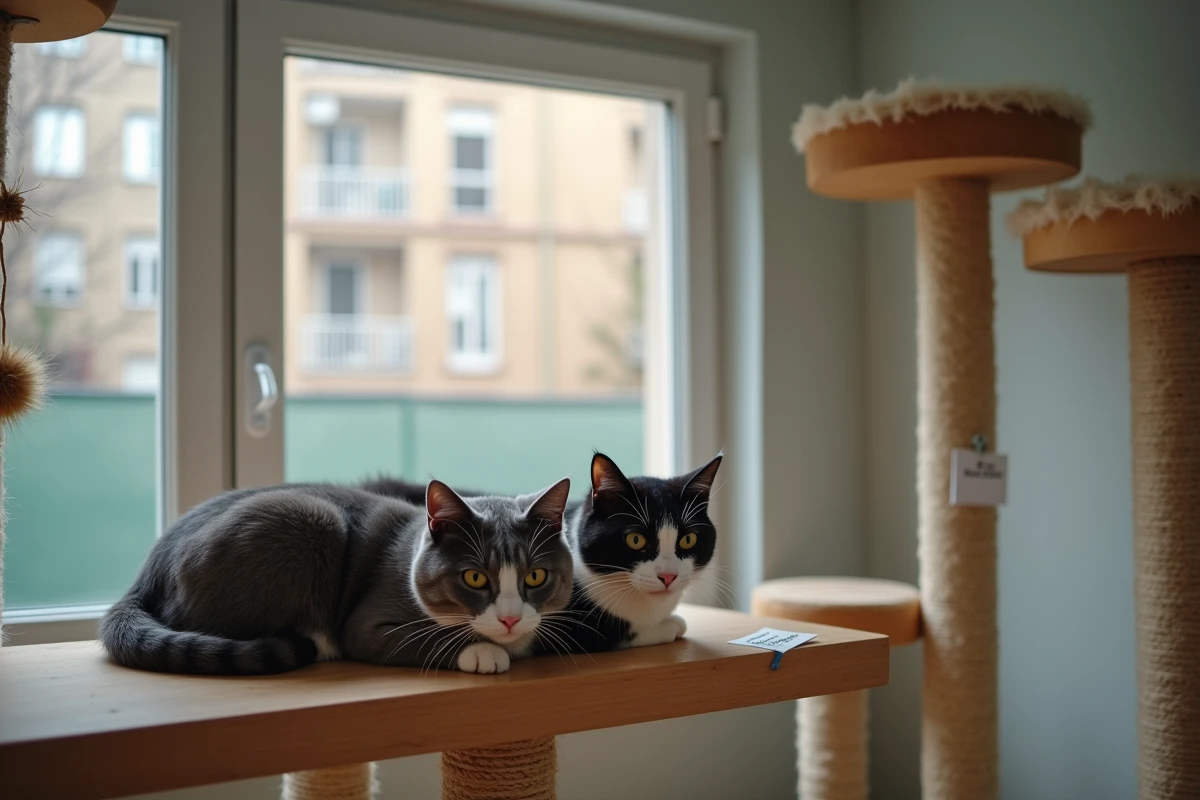 Deux chats au repos dans une salle de socialisation d'un refuge animalier agréé à Lyon, environnement enrichi et bien entretenu