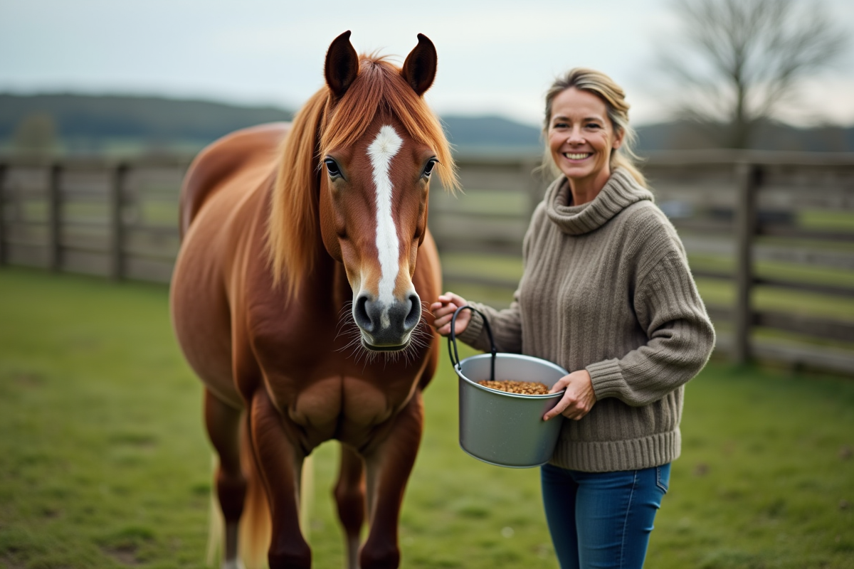 Cheval âgé dans un paddock vert avec une propriétaire