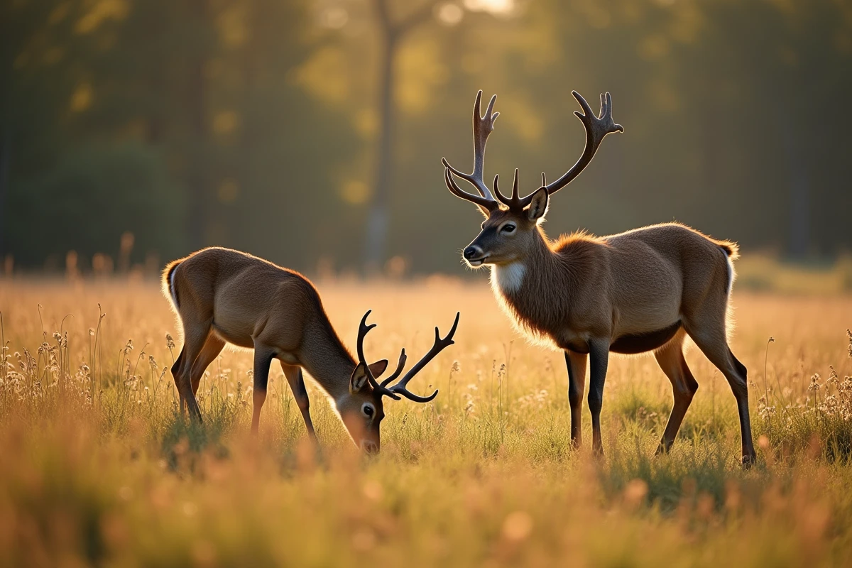 Jeune chevreuil et cerf rouge paissant dans un pré en automne