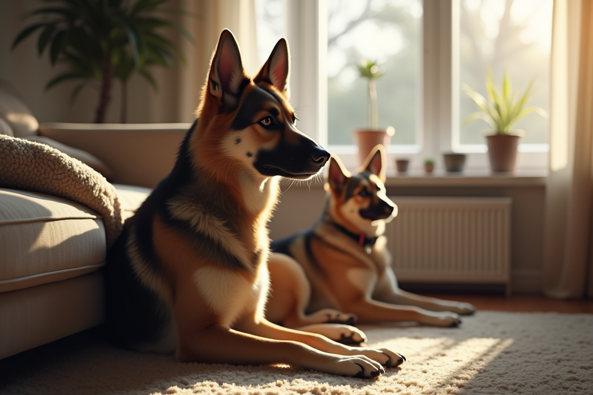 Chien adulte croise berger husky assis avec son maître dans le salon