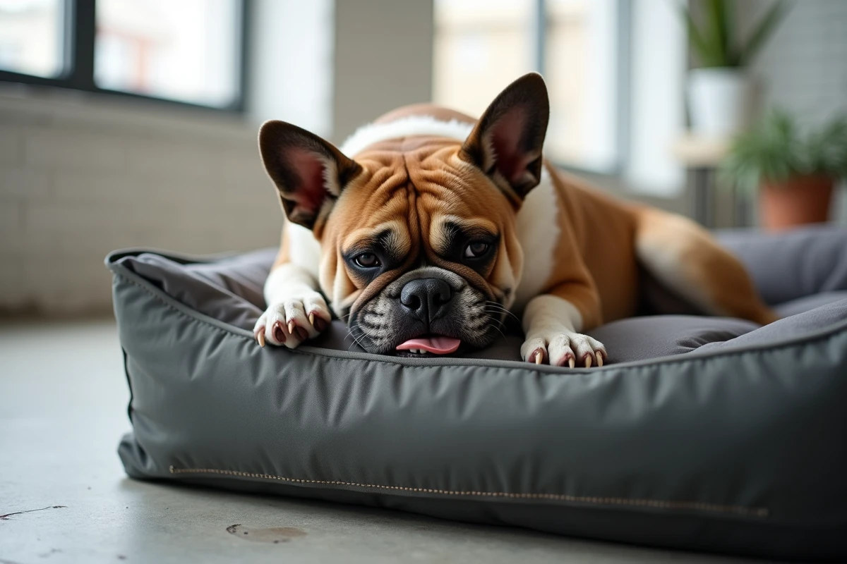 Bouledogue mordillant le bord d'un coussin résistant en nylon avec coutures renforcées sur un sol béton dans un appartement urbain