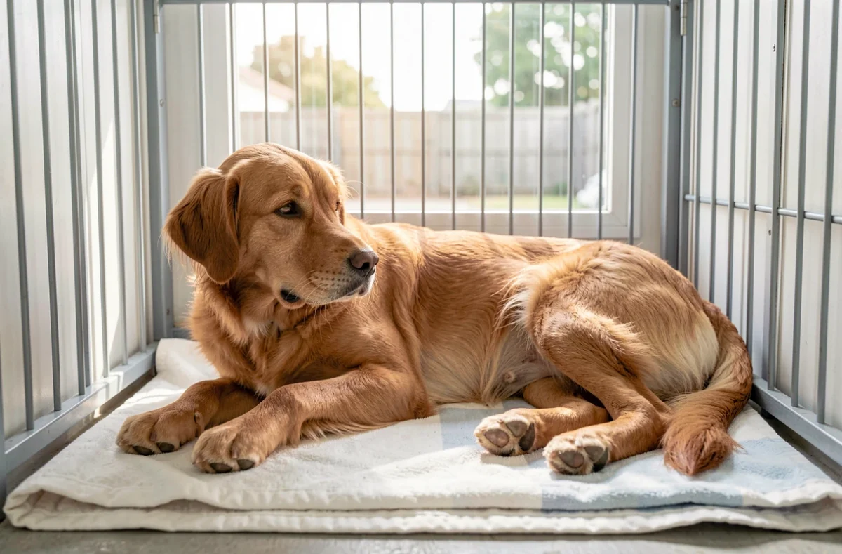 Chien dans un box propre de fourrière animale