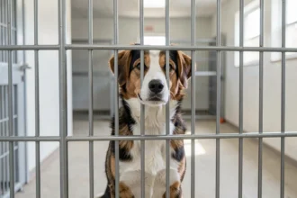 Chien en attente derrière la grille d'une fourrière animale