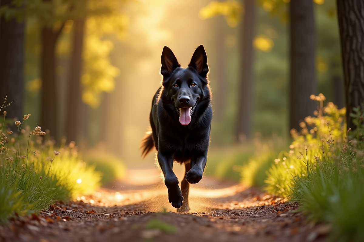 Chien berger allemand noir courant dans la foret en pleine vitalite
