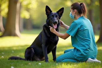 Chien berger allemand noir en santé dans un parc ensoleille