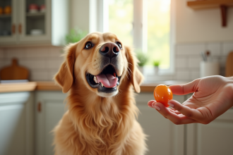 Golden Retriever heureux dans la cuisine lumineuse