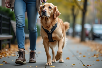 Golden Retriever senior guidé par une femme en ville