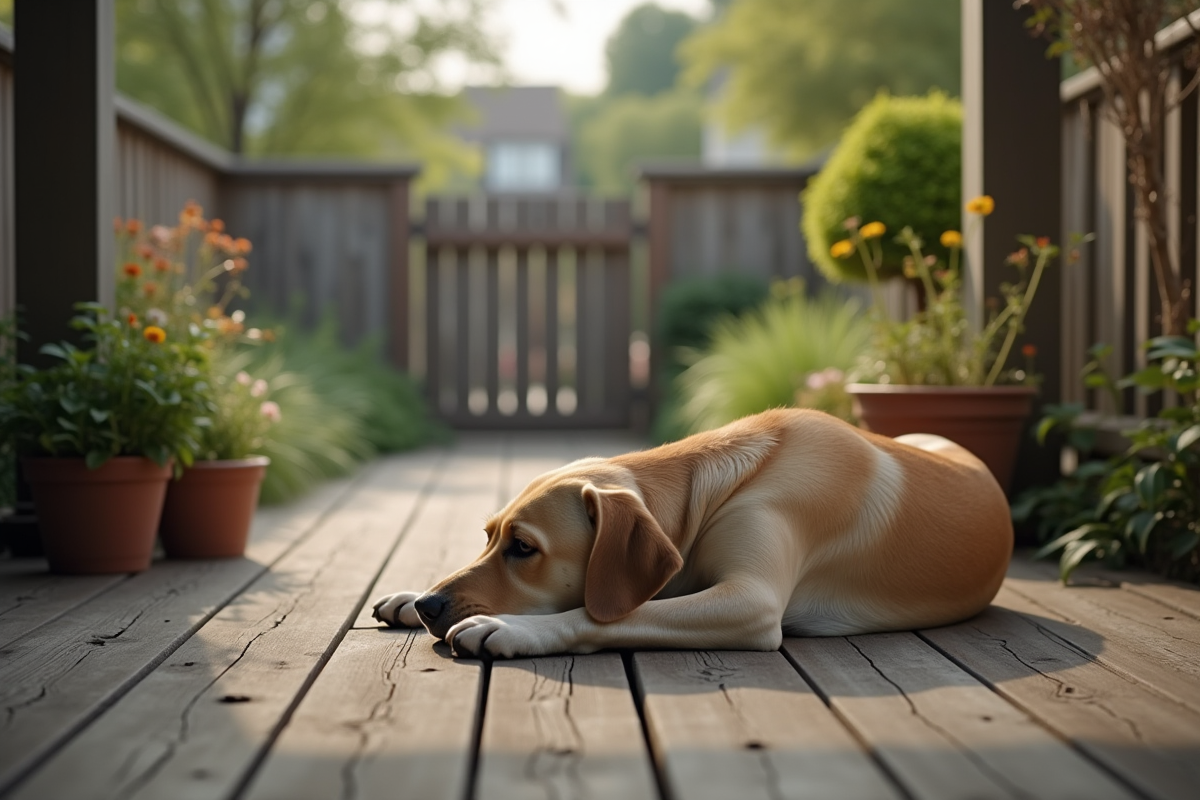 Labrador allongé sur le porche regardant vers le jardin