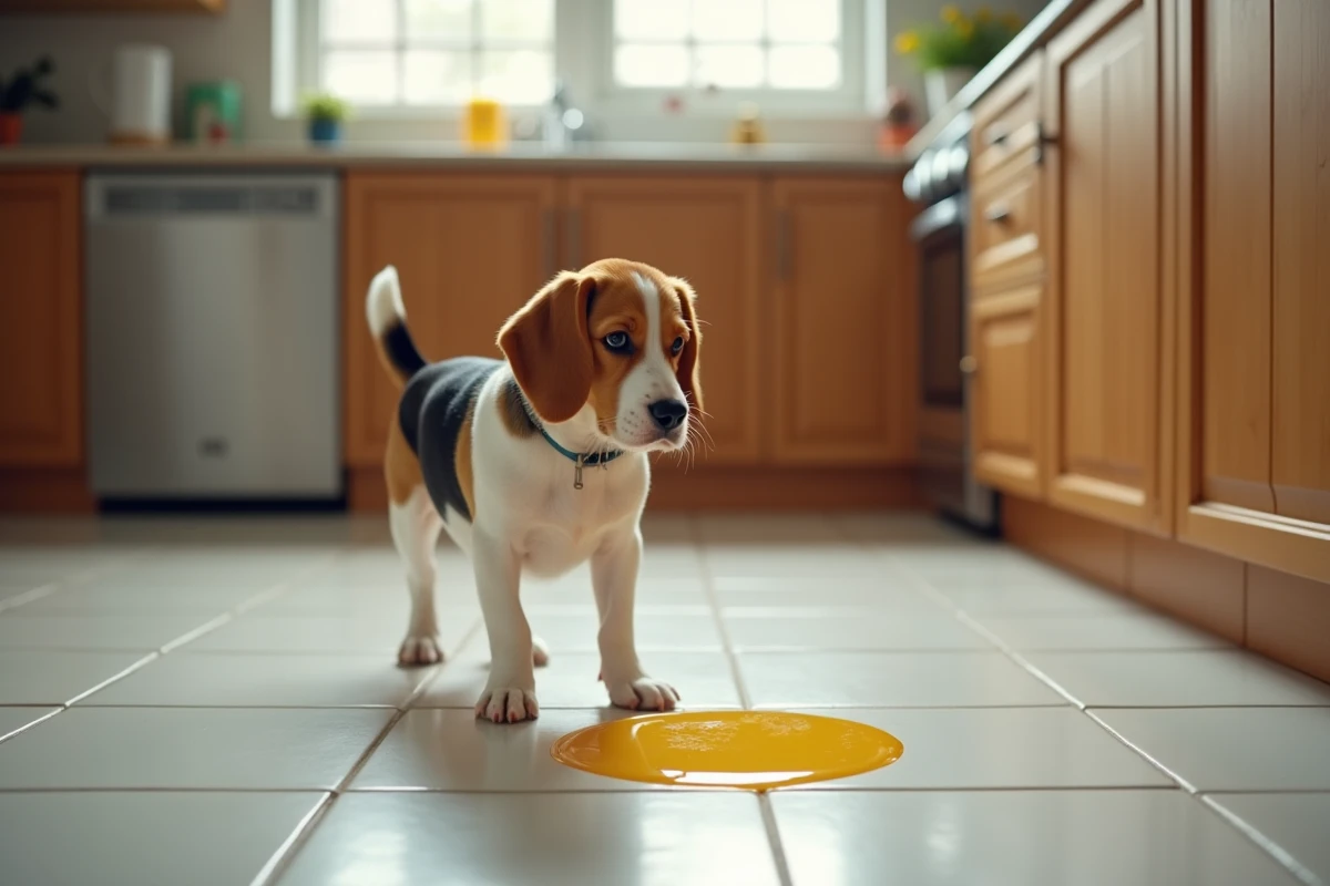 Beagle avec vomissure jaune bilieuse sur le carrelage de cuisine à la maison