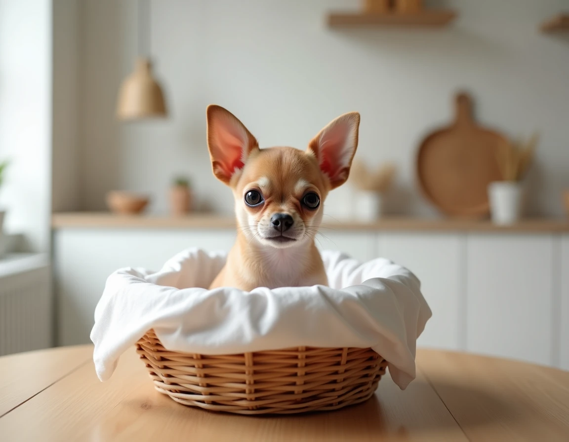 Minuscule chiot Chihuahua fauve aux grandes oreilles dans un panier en osier satiné à l'élevage des Diamants de Villepinte
