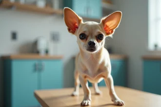 Chihuahua adulte aux oreilles papillon bien développées sur une table de toilettage vétérinaire, illustrant les caractéristiques morphologiques authentiques de la race