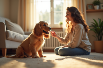 Chiot cocker américain attentif avec une femme dans un salon
