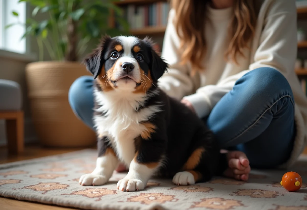 Chiot Australian Shepherd attentif au pied d'une femme