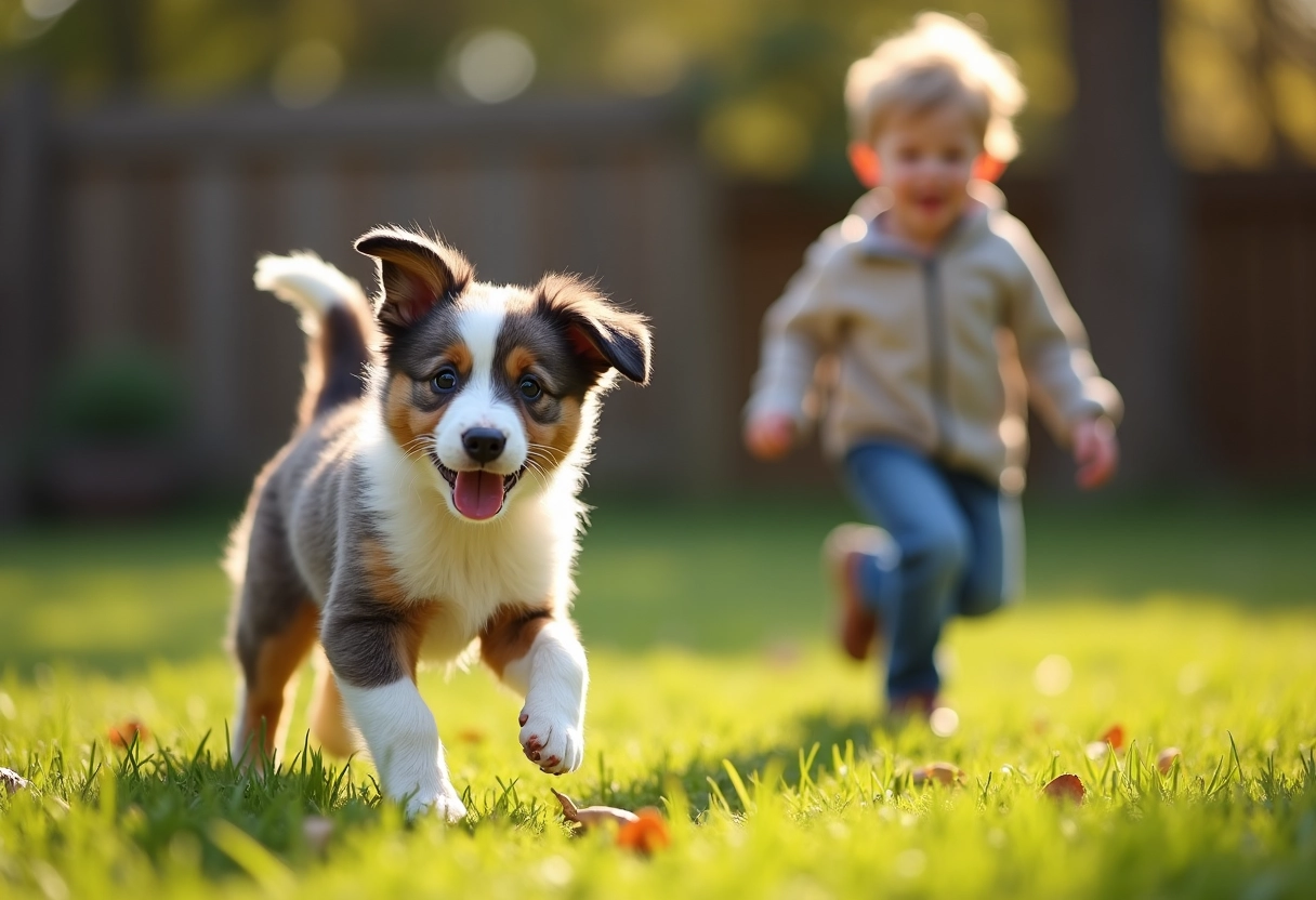 Chiot Australian Shepherd courant dans le jardin enjoué