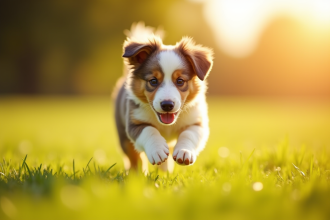 Chiot Australian Shepherd courant dans un champ ensoleille