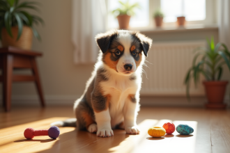 Chiot Australian Shepherd assis sur un sol en bois en intérieur