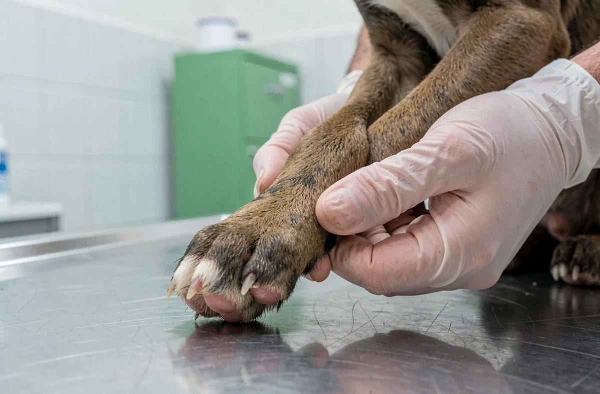 Vétérinaire examinant les ergots doubles d'un chiot Beauceron sur une table de consultation vétérinaire