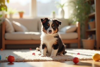 Chiot border collie assis dans un salon ensoleille
