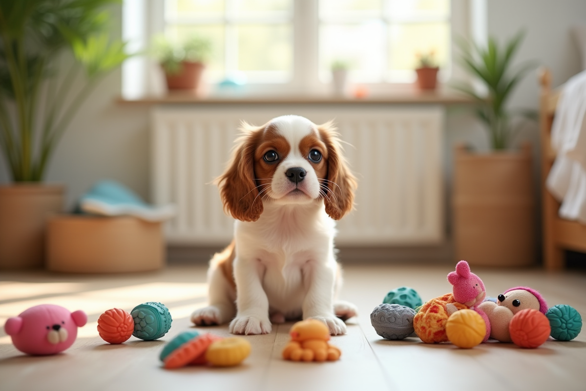 Chiot cavalier king charles sur sol en bois clair