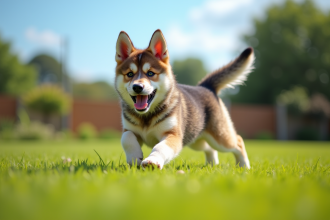 Chiot croisé berger allemand husky jouant dans le jardin ensoleille