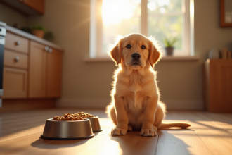 Chiot golden retriever assis sur le sol de la cuisine avec gamelles de croquettes