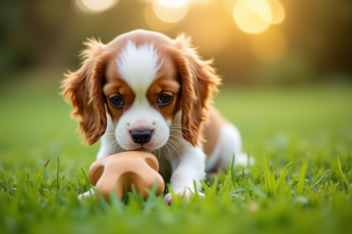 Chiot cavalier dans le jardin avec jouet interactif