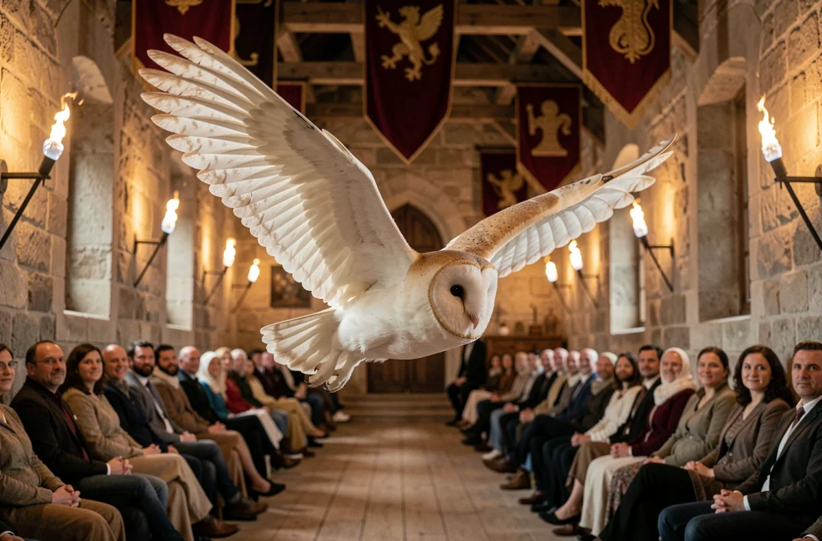 Chouette effraie en vol à l'intérieur d'une salle médiévale lors d'un spectacle nocturne au Puy du Fou