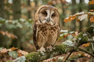 Chouette hulotte perchée sur une branche en forêt, sans aigrettes visibles sur la tête, illustrant la différence entre chouette et hibou