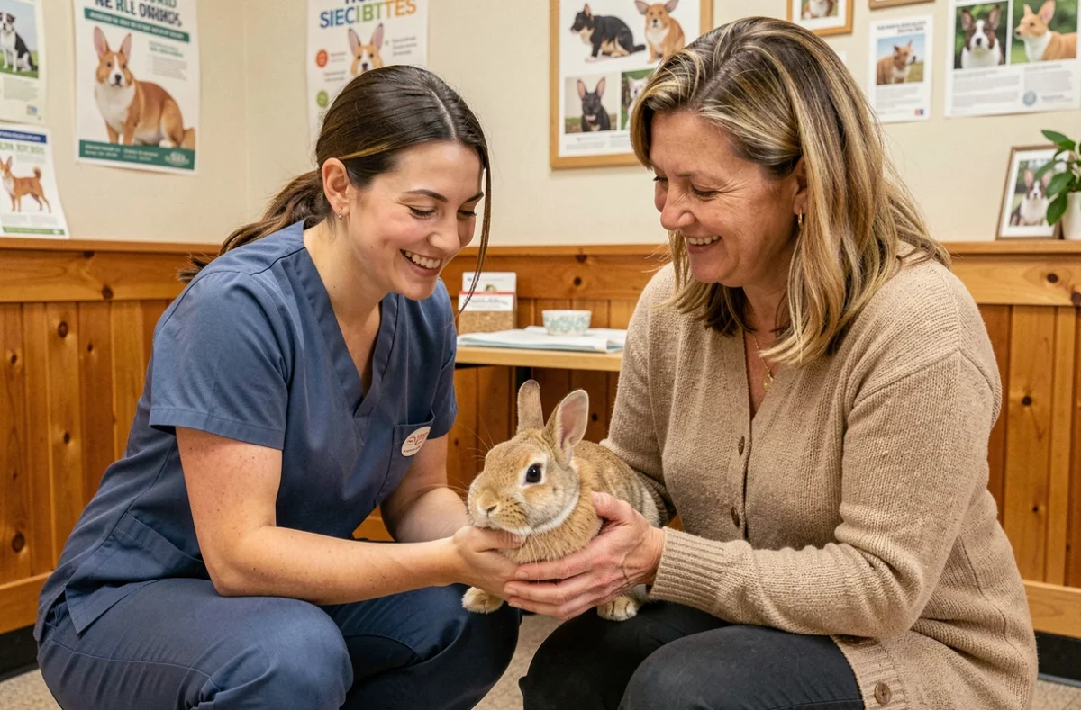 Vétérinaire de la Clinique Vétérinaire Animaux et Vous en consultation avec une propriétaire et son lapin domestique