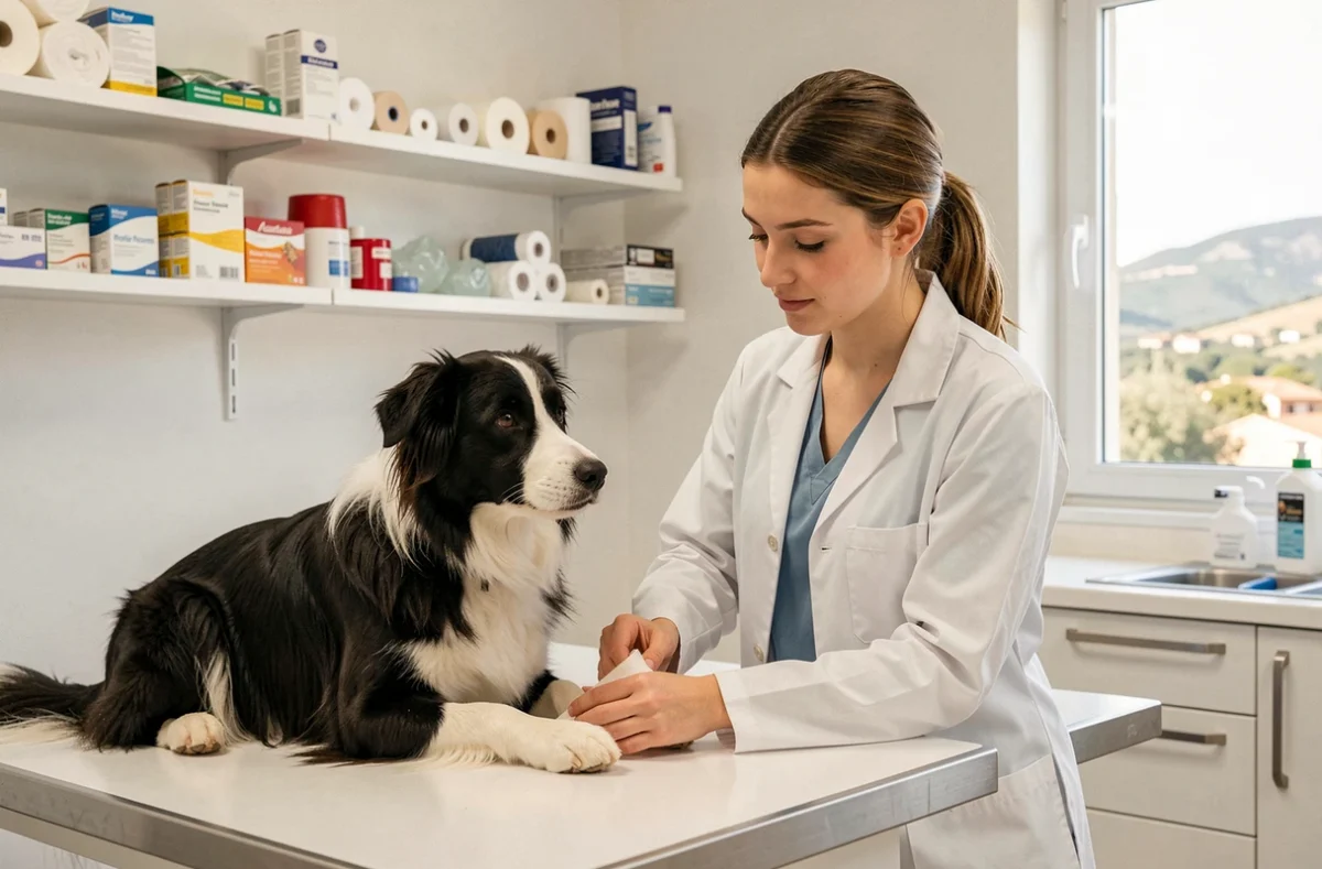 Vétérinaire soignant la patte d'un border collie à la Clinique vétérinaire d'Aubagne