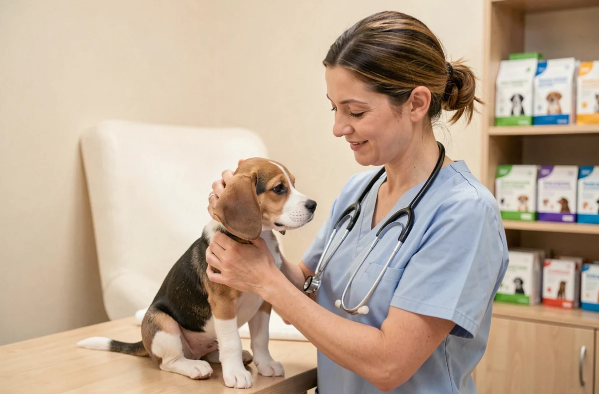 Vétérinaire de la Clinique Vétérinaire Concorde tenant un chiot beagle lors d'une consultation de routine