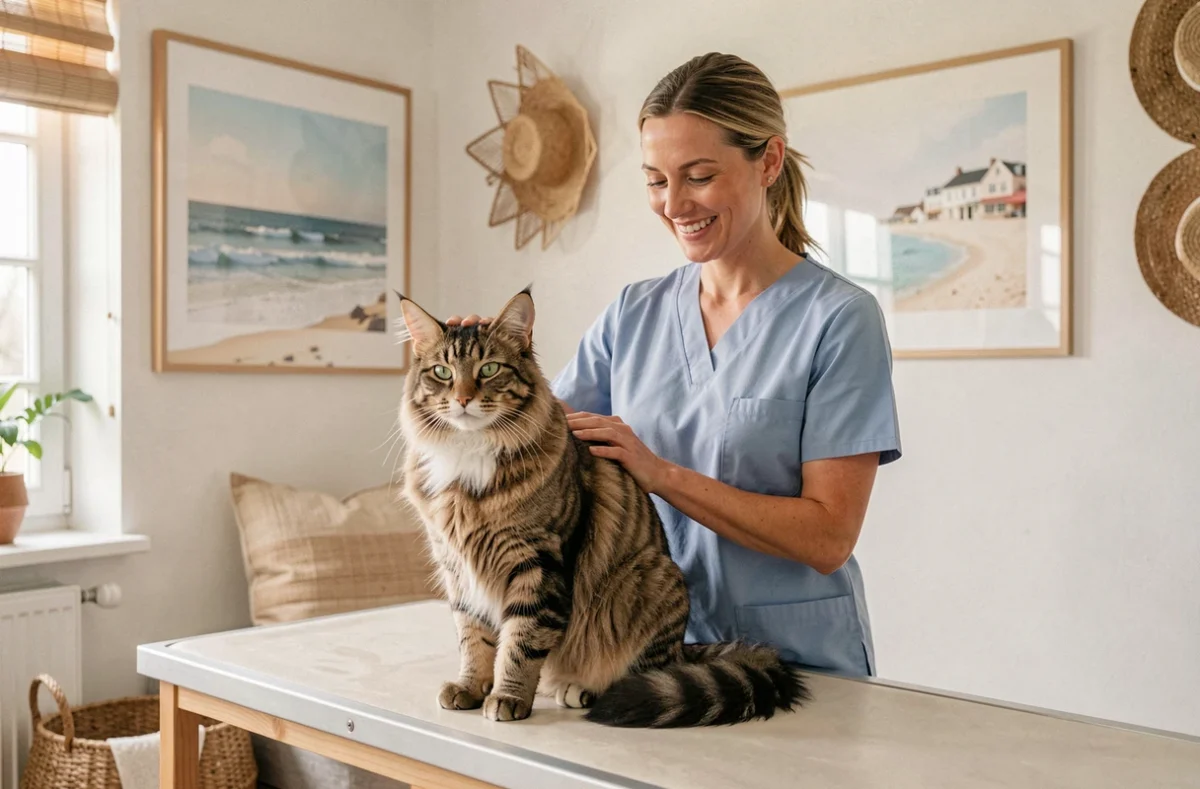Vétérinaire de la Clinique Vétérinaire de la Baule dans une salle de consultation aux tons côtiers avec un Maine Coon