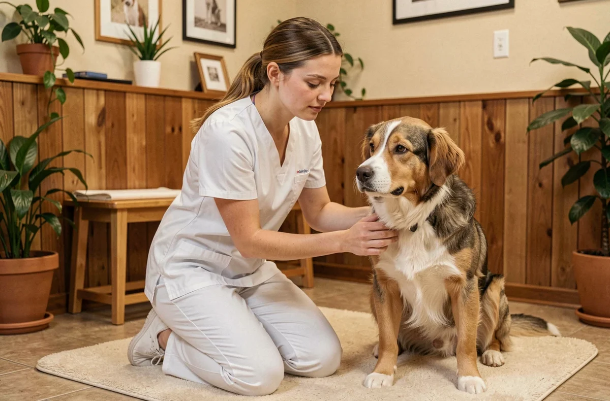 Vétérinaire de la Clinique Vétérinaire de la Ville en Bois effectuant un bilan de santé sur un grand chien croisé