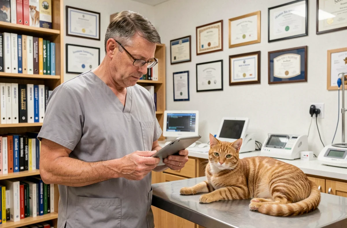 Vétérinaire de la Clinique Vétérinaire des Écoles consultant un dossier médical sur tablette avec un chat tigré roux