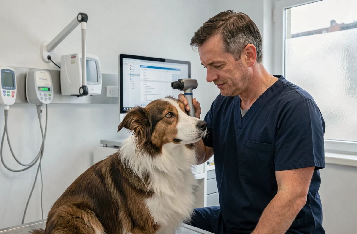 Vétérinaire de la Clinique Vétérinaire du Cours examinant l'oreille d'un border collie avec un otoscope numérique
