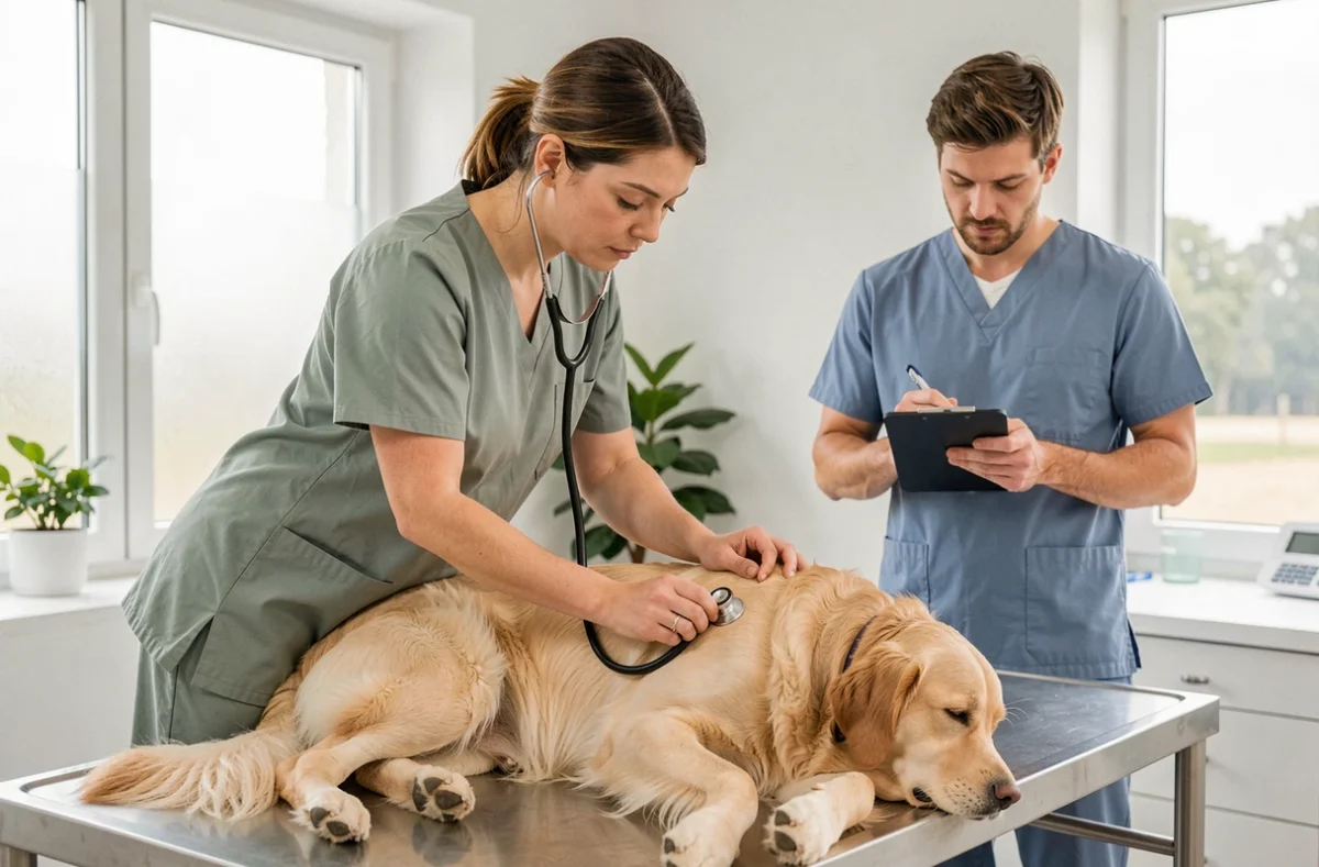 Vétérinaire de la Clinique Vétérinaire du Sillon auscultant un golden retriever avec un assistant en arrière-plan