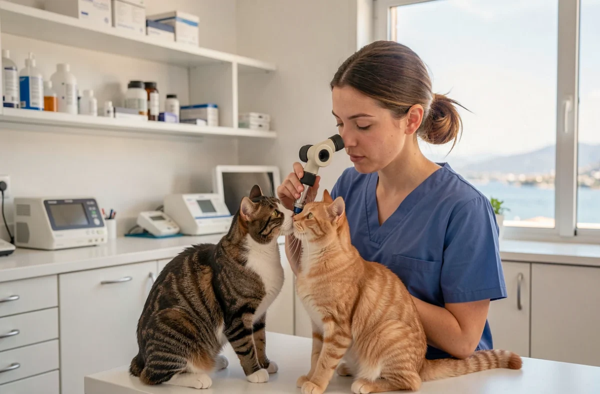 Examen ophtalmologique d'un chat par une vétérinaire à la Clinique vétérinaire de La Ciotat