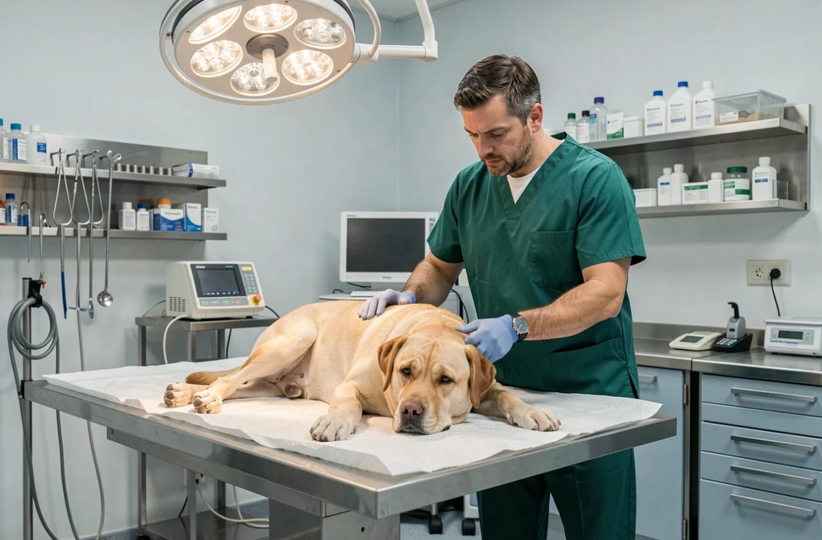 Vétérinaire effectuant un suivi post-opératoire sur un labrador à la Clinique vétérinaire de Martigues